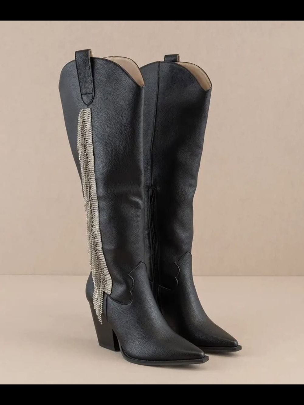 Black Over-the-Knee Western Boots with Silver Fringe